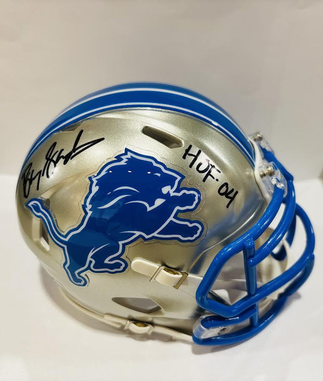 Barry Sanders Autographed Lions Speed Mini Helmet with HOF Inscription