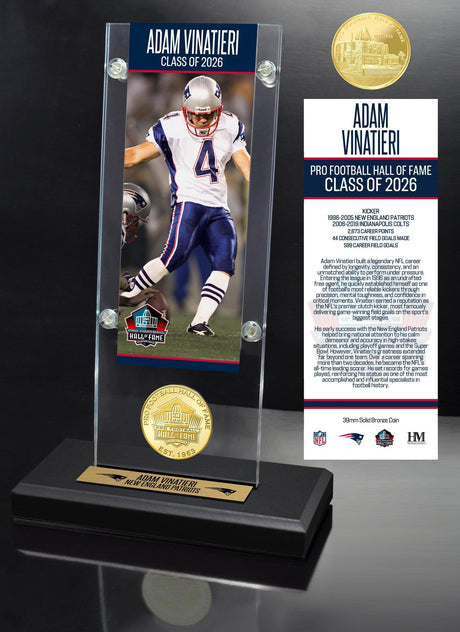 Adam Vinatieri Patriots Class of 2026 Hall of Fame Induction Ticket and Bronze Coin Acrylic Display
