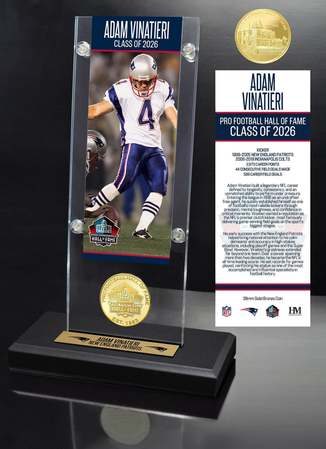 Adam Vinatieri Patriots Class of 2026 Hall of Fame Induction Ticket and Bronze Coin Acrylic Display