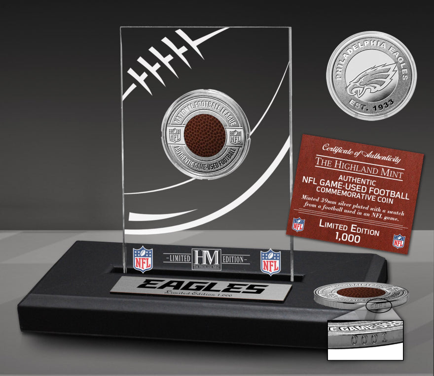 Philadelphia Eagles Game Used Football Silver Plated Coin Commemorative Display