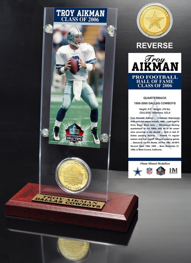 Troy Aikman "2006 NFL Hall of Fame Inductee" Ticket & Bronze Coin Acrylic Desktop