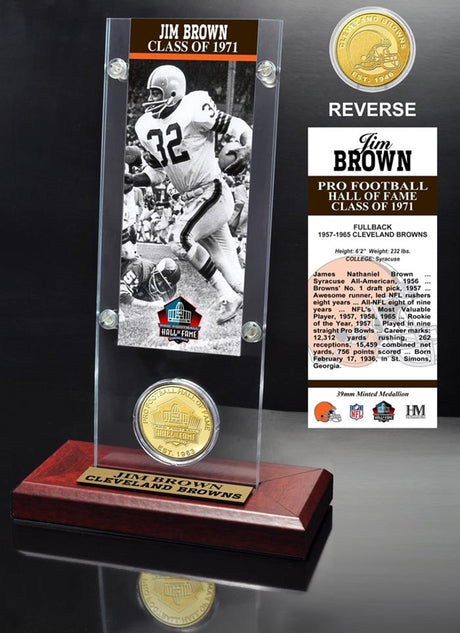 Jim Brown "1971 NFL Hall of Fame Inductee" Ticket & Bronze Coin Acrylic Desktop