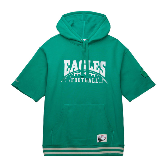 Eagles Pre-Game Short Sleeve Mitchell and Ness Hooded Sweatshirt