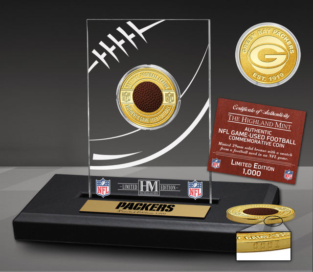 Green Bay Packers Game Used Football Bronze Plated Coin Commemorative Display