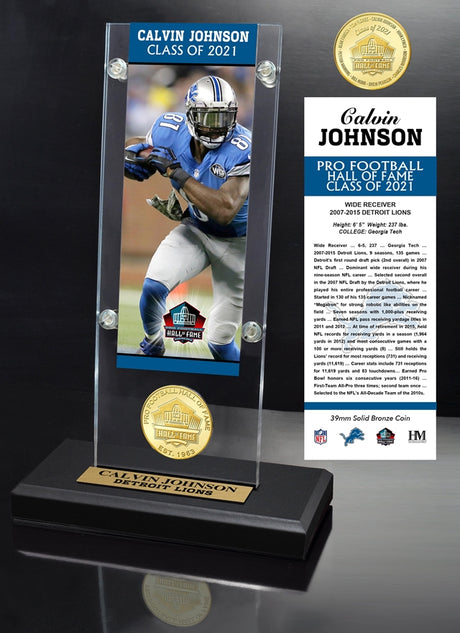 Calvin Johnson Lions Class of 2021 Ticket and Bronze Mint Coin Acrylic Desk Top