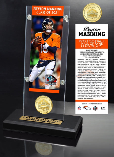 Peyton Manning Broncos Class of 2021 Ticket and Bronze Mint Coin Acrylic Desk Top