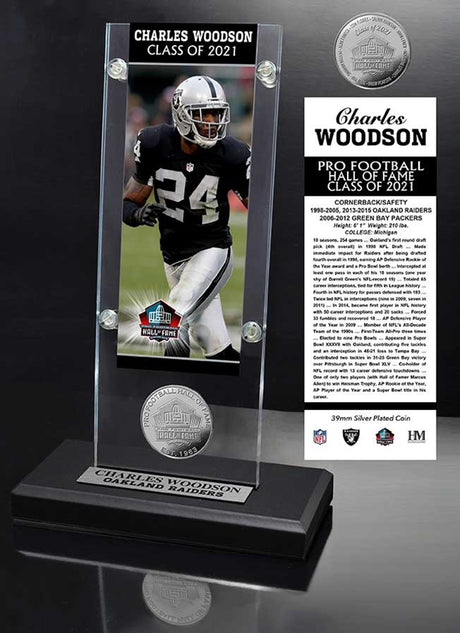 Charles Woodson Raiders Class of 2021 Ticket and Bronze Mint Coin Acrylic Desk Top