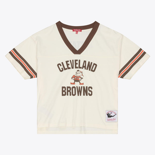 Browns 2026 Mitchell & Ness Women's Retro Roots Crop Boxy Yoke T-Shirt Pro Football Hall of Fame