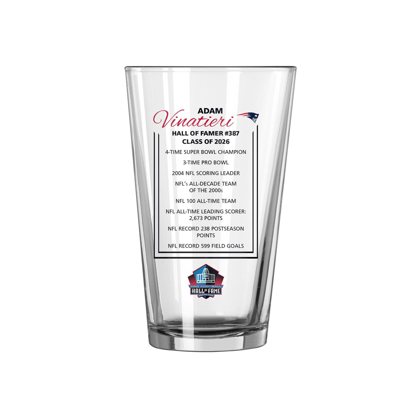 Patriots Adam Vinatieri Pint Glass