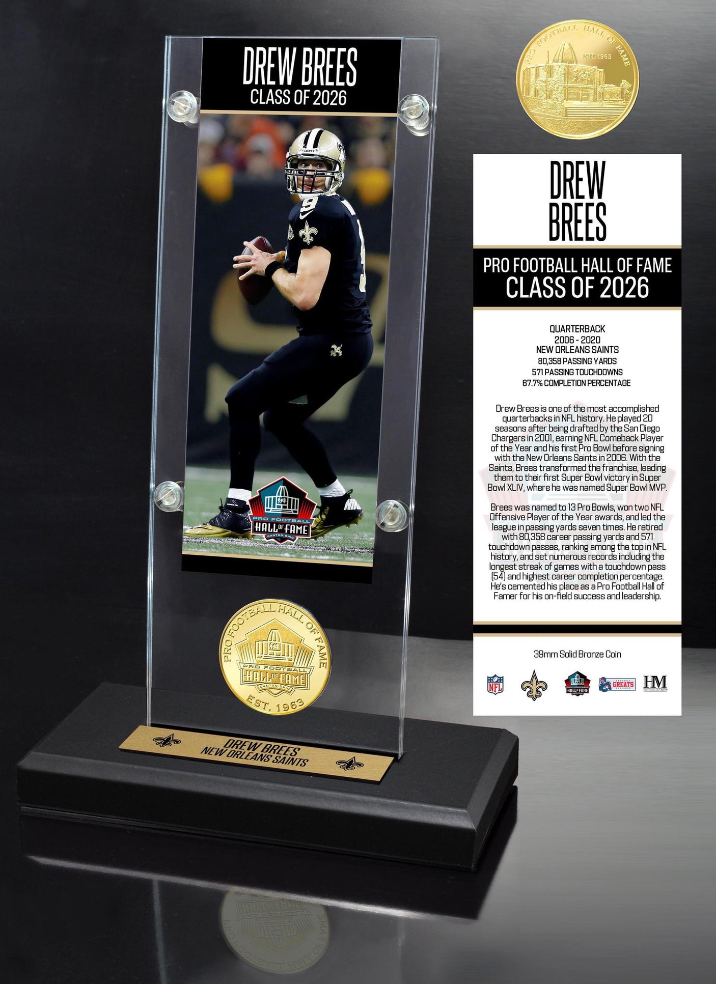 Drew Brees Class of 2026 Hall of Fame Induction Ticket and Bronze Coin Acrylic Display
