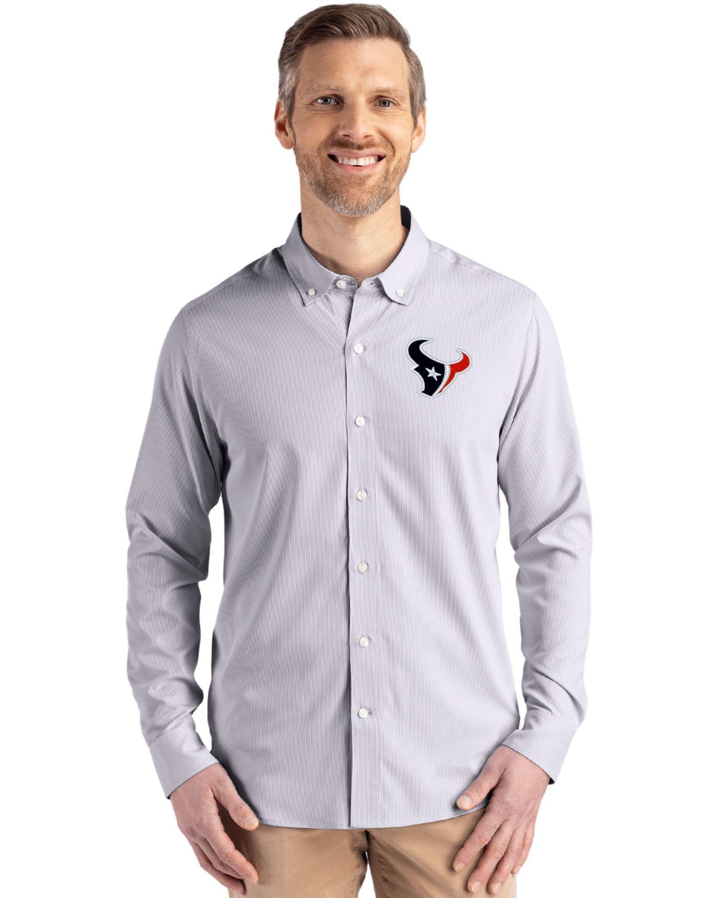 Texans Cutter & Buck Men's Skyline Eco Pinstripe Button Down Shirt