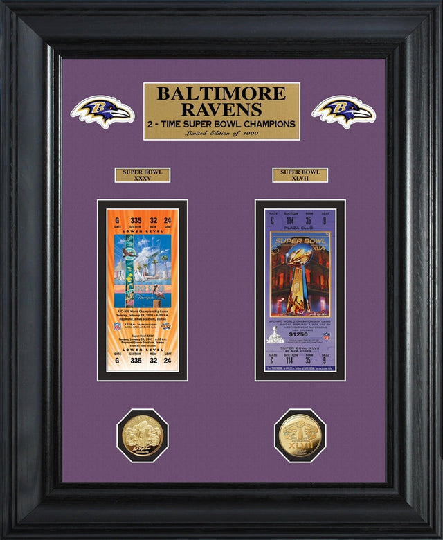 Ravens Super Bowl Ticket and Game Coin Collection Framed