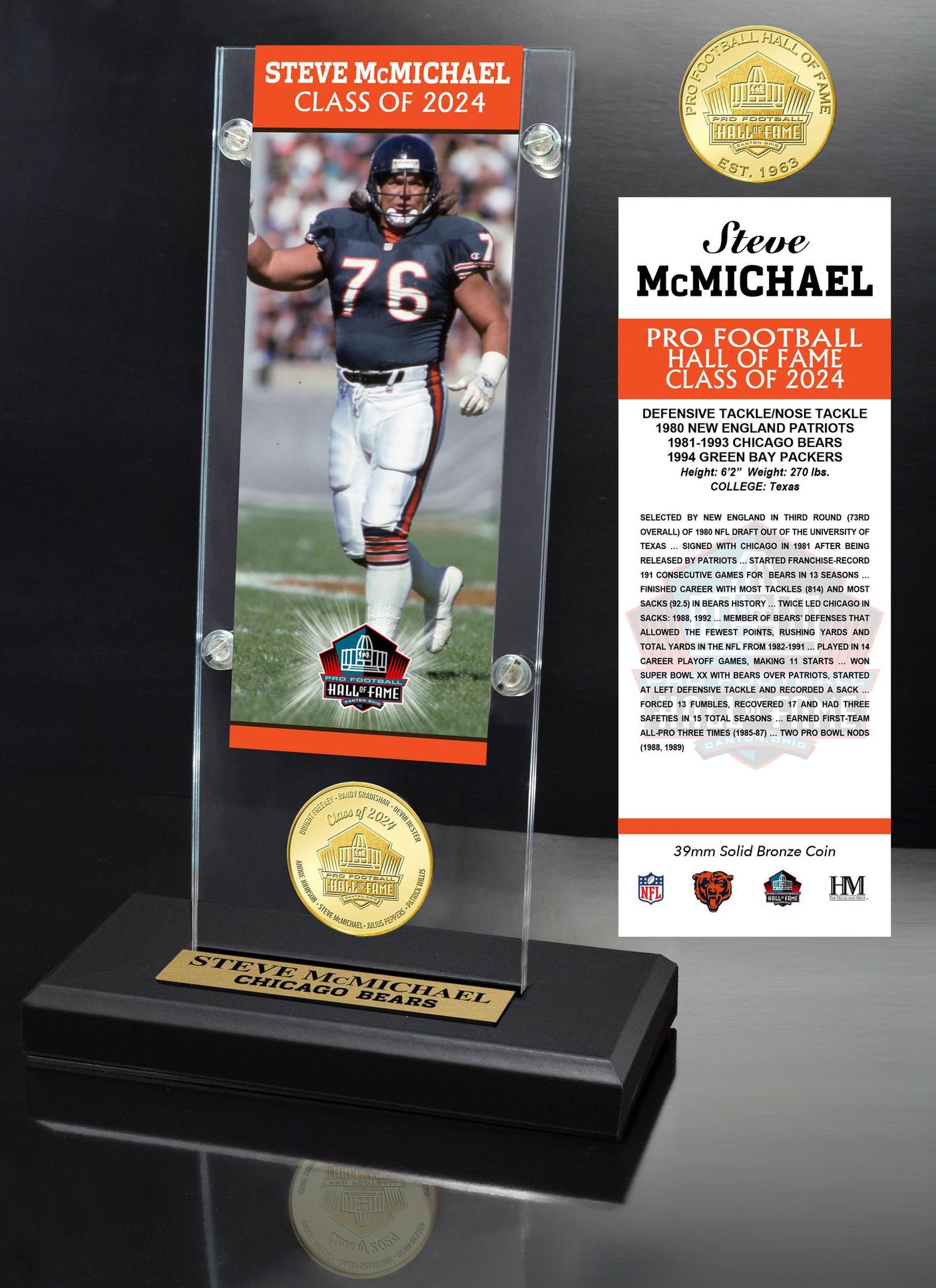 Steve McMichael Class of 2024 Bronze Coin Ticket Acrylic