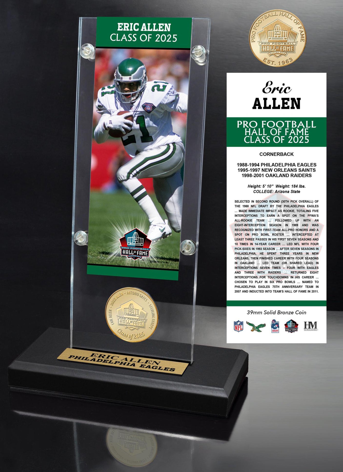 Eagles Eric Allen Pro Football Hall of Fame Class of 2025 Bronze Coin in Acrylic Display - DS